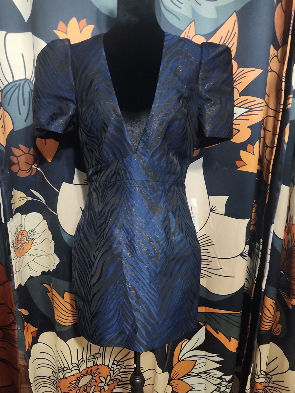 Bardot Navy Blue and Black Zebra-Print V-Neck Mini Dress